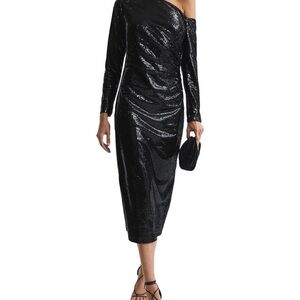 BRAND NEW W/TAG!! Reiss Black One Shoulder Midi Dress with Ruched Detail